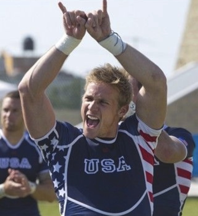 Colin Hawley celebrating in a USA Eagles sevens jersey.